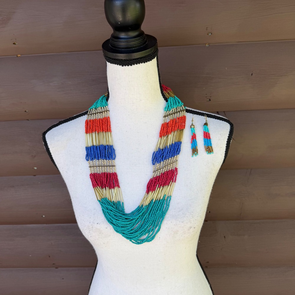 Multi-Strand Seed Bead Necklace & Fringe Earrings Set Southwestern Boho
